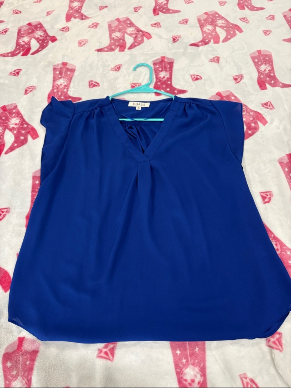 Chaus Royal Blue V-Neck Flutter Sleeve Blouse